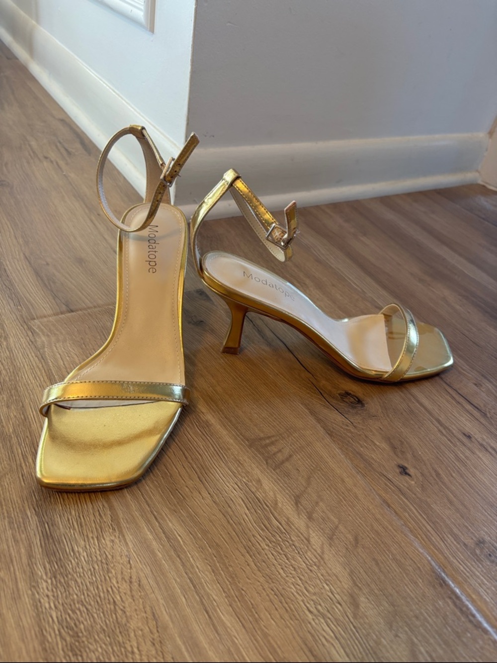 Gold Metallic Ankle-Strap Heeled Sandals by Modatope